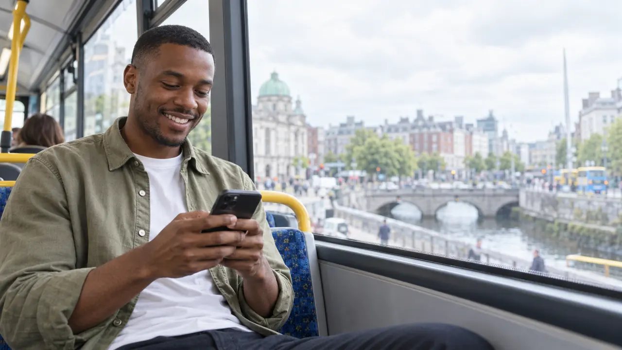 A smiling young adult man using his phone beside a bus window overlooking a Dublin city street.