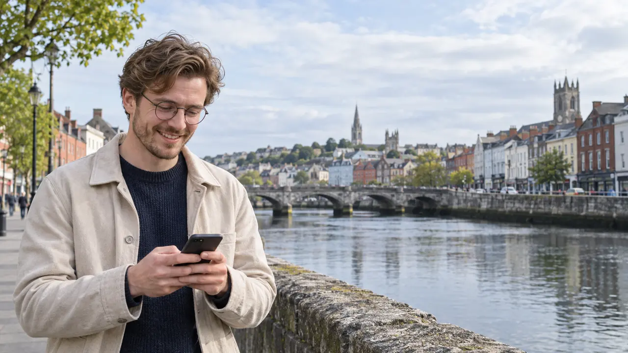 A young adult man with glasses smiling at his phone beside the River Lee in a Cork city scene.