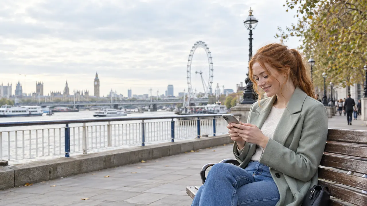 A wider outdoor view of a red-haired adult woman using her phone on a London riverside bench.