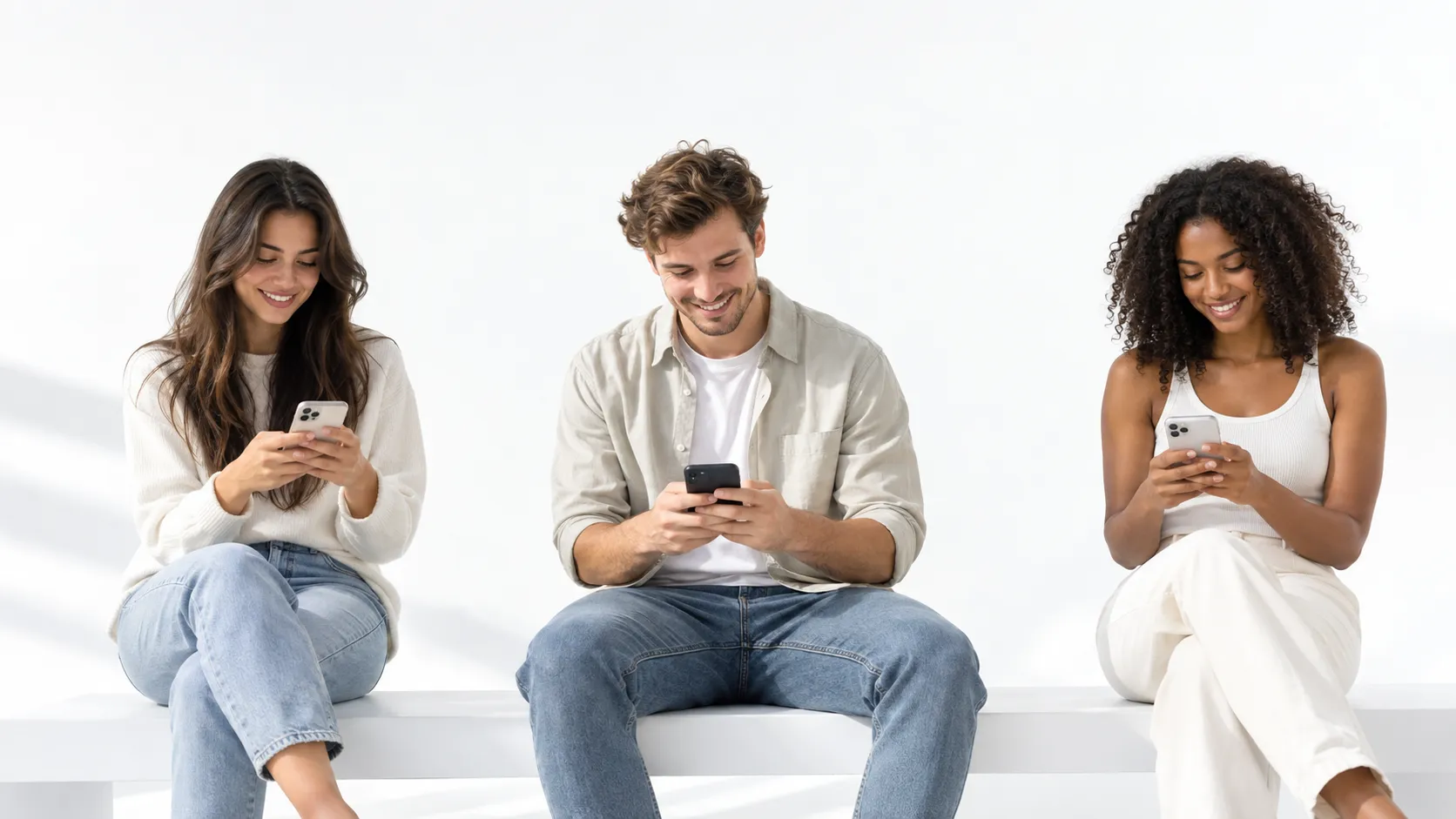 Three smiling young adults sitting on a white bench, each typing on their own phone.