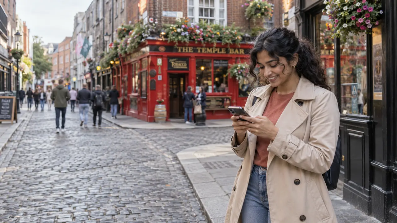 A diagonal street view of a smiling young adult woman using her phone beside the red Temple Bar pub in Dublin.