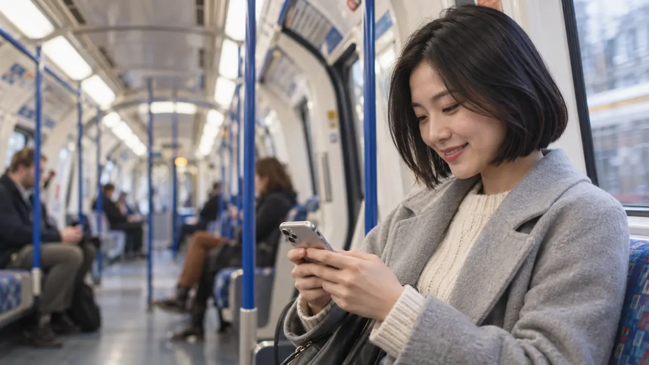 A close three-quarter view of a smiling adult woman typing on her phone in a London Underground carriage.